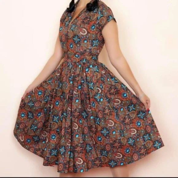SOLD | Bernie Dexter Kelly Dress Heritage Print Pinup 50s Jewel Tone SMALL - Picture 2 of 13